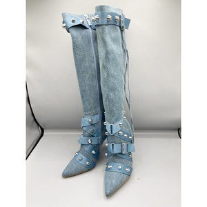 NEW Steve Madden Blue Denim Studded Stiletto Heel Knee High Boots